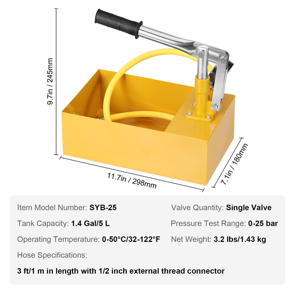Hydrostatic Test Pump, Max 25 bar/362 PSI, Single Valve Hydraulic Manual Water Pressure Tester Kit with Gauge 1.4 Gal Water Tank, 3 ft Hose with 1/2 inch External Thread Connector for Pipeline