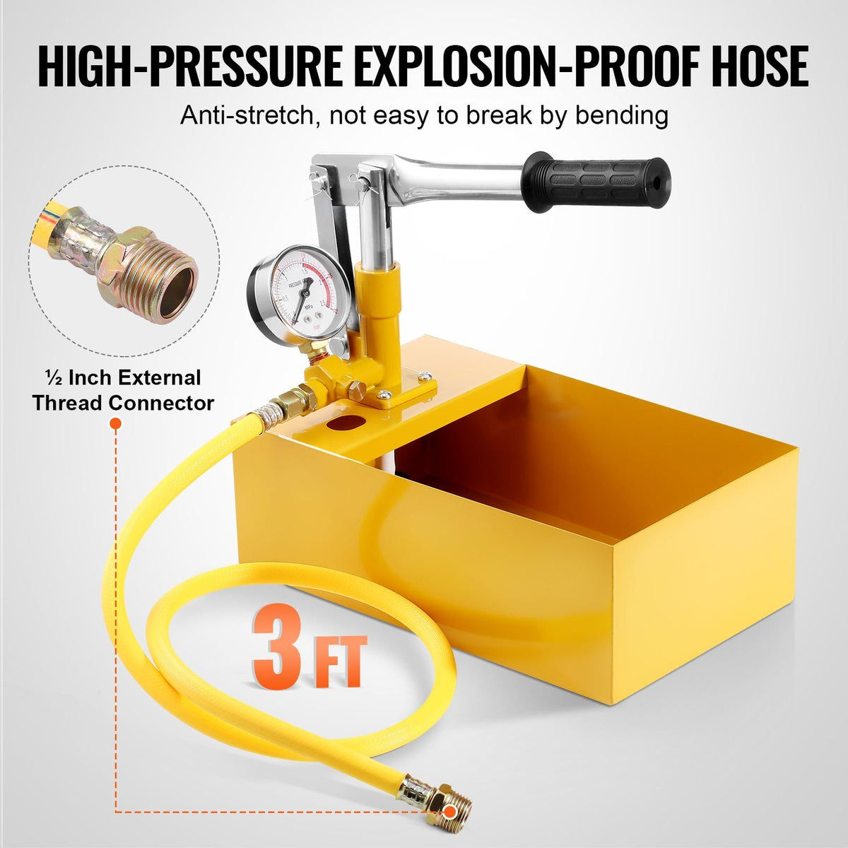 Hydrostatic Test Pump, Max 25 bar/362 PSI, Single Valve Hydraulic Manual Water Pressure Tester Kit with Gauge 1.4 Gal Water Tank, 3 ft Hose with 1/2 inch External Thread Connector for Pipeline