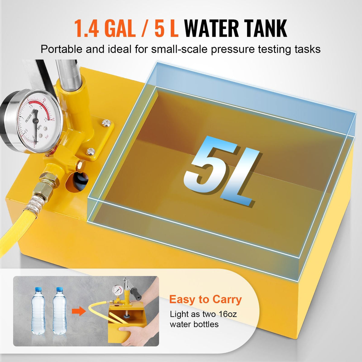 Hydrostatic Test Pump, Max 25 bar/362 PSI, Single Valve Hydraulic Manual Water Pressure Tester Kit with Gauge 1.4 Gal Water Tank, 3 ft Hose with 1/2 inch External Thread Connector for Pipeline