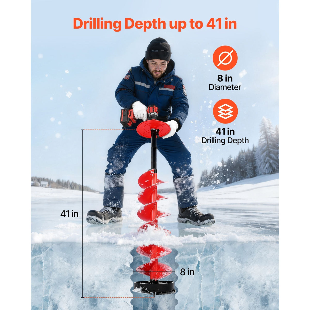 Ice Auger Drill Bit, 8in Diameter 41in Length, Cordless Nylon Ice Fishing Augers With Extra 13.4in Extension Rod, Drill Adapter, Top Plate and Blade Guard