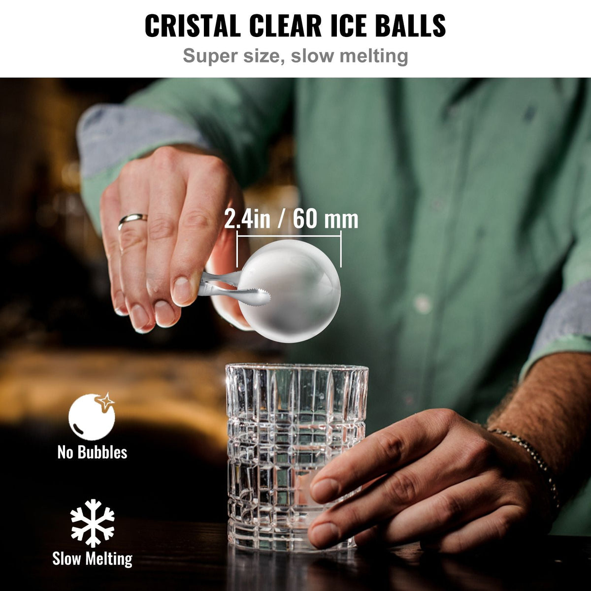 Ice Ball Maker, Crystal Clear Ice Ball Maker 2.36inch Ice Sphere Maker with Storage Bag and Ice Clamp, Round Clear Ice Cube 2-Cavity Ice Press Maker for Whiskey Scotch Cocktail Brandy