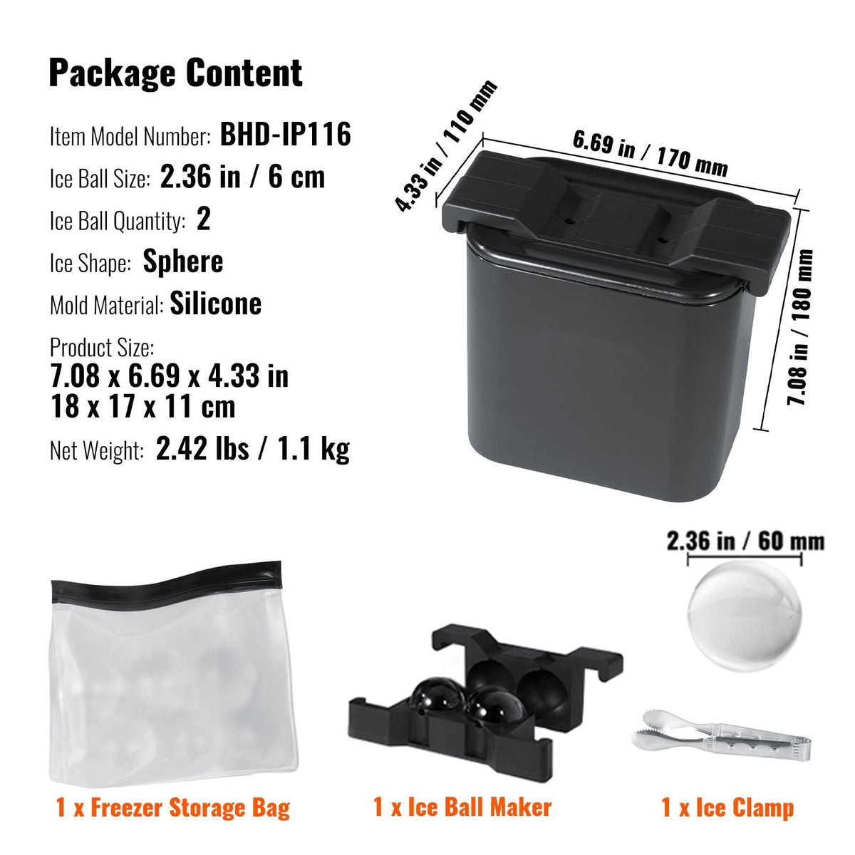 Ice Ball Maker, Crystal Clear Ice Ball Maker 2.36inch Ice Sphere Maker with Storage Bag and Ice Clamp, Round Clear Ice Cube 2-Cavity Ice Press Maker for Whiskey Scotch Cocktail Brandy