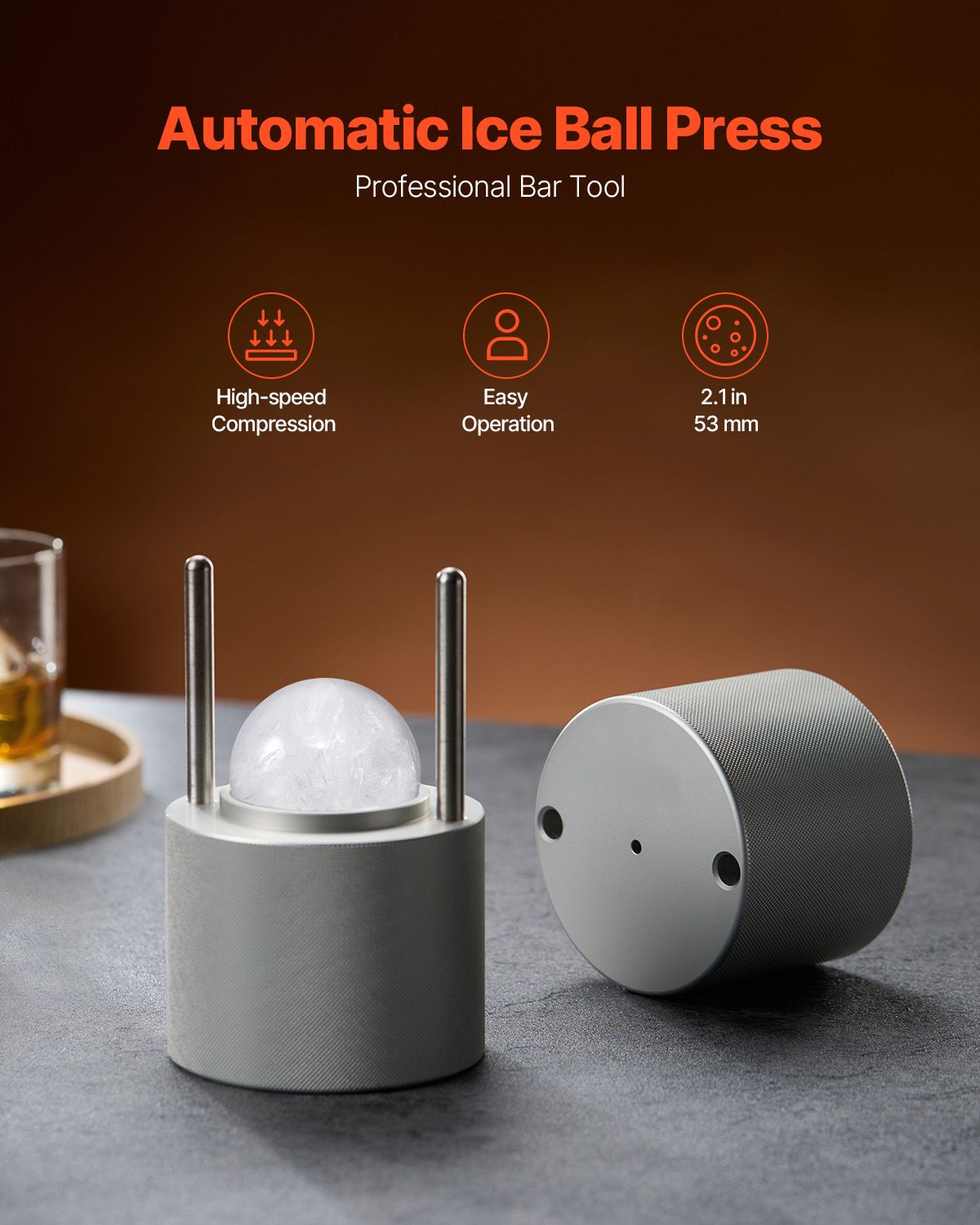 Ice Ball Press, 2.1" Ice Ball Maker, Aviation Aluminum Ice Ball Press Kit for 53mm Ice Sphere, Ice Press with Tong and Drip Tray, for Whiskey, Cocktail, Bourbon, Scot on Party & Holiday