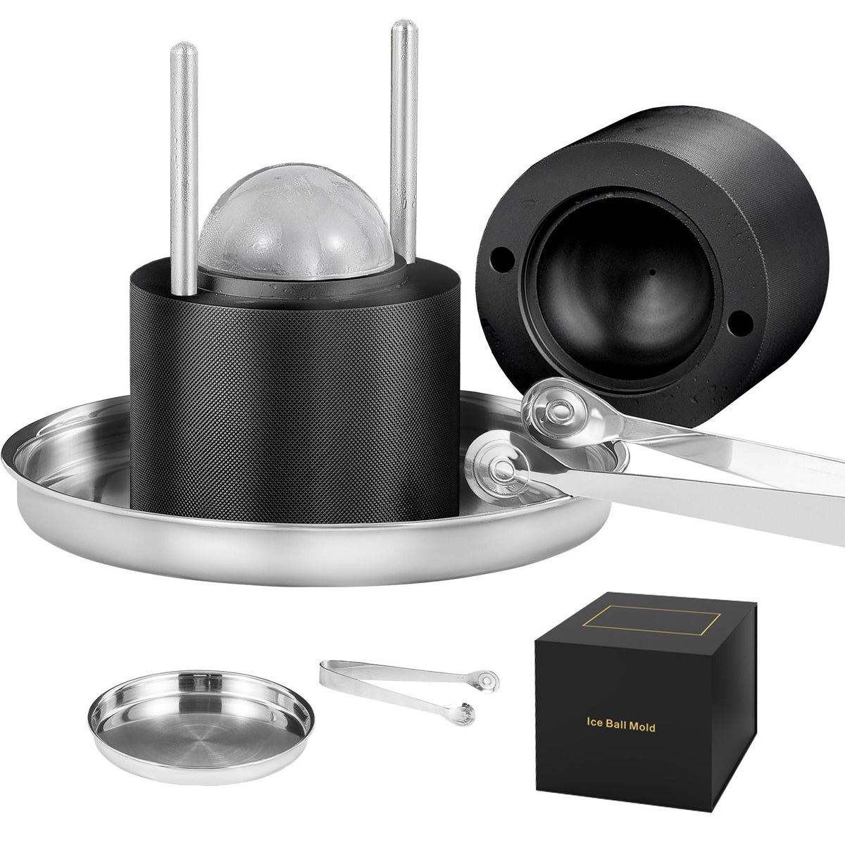 Ice Ball Press, 2.4" Ice Ball Maker, Aircraft Al Alloy Ice Ball Press Kit for 60mm Ice Sphere, Ice Press with Tong and Drip Tray, for Whiskey, Cocktail, Bourbon, Scot on Party & Holiday, Black