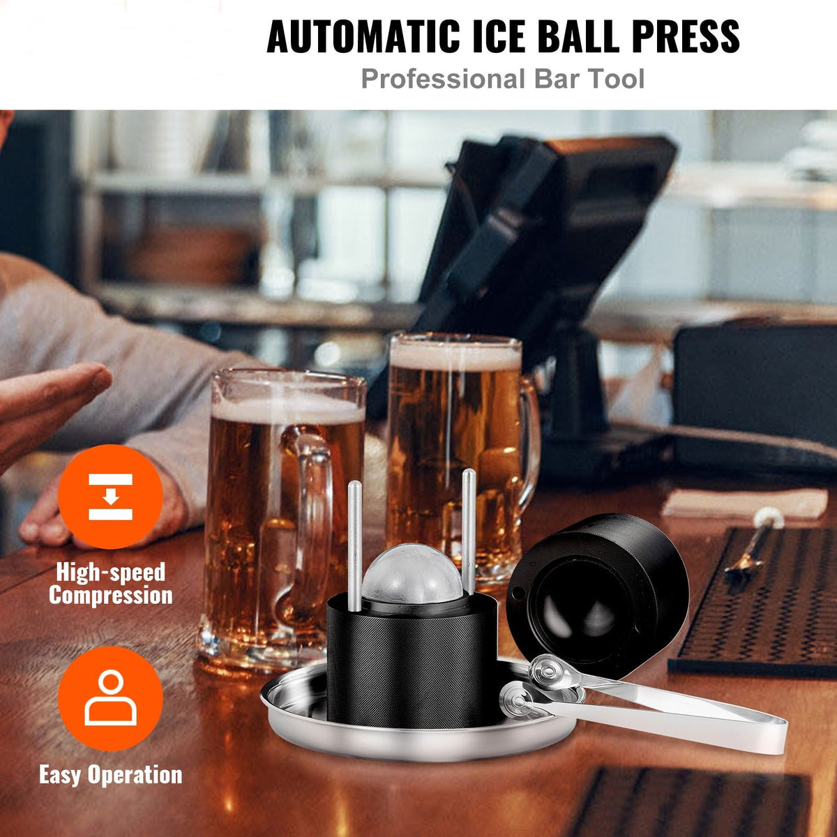 Ice Ball Press, 2.4" Ice Ball Maker, Aircraft Al Alloy Ice Ball Press Kit for 60mm Ice Sphere, Ice Press with Tong and Drip Tray, for Whiskey, Cocktail, Bourbon, Scot on Party & Holiday, Black