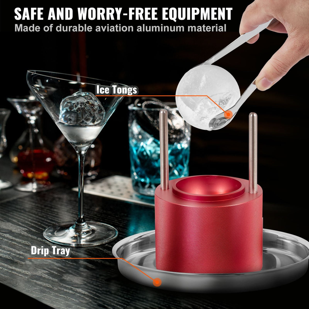 Ice Ball Press, 2.4" Ice Ball Maker, Aircraft Al Alloy Ice Ball Press Kit for 60mm Ice Sphere, Ice Press with Tong and Drip Tray, for Whiskey, Cocktail, Bourbon, Scot on Party & Holiday, Red