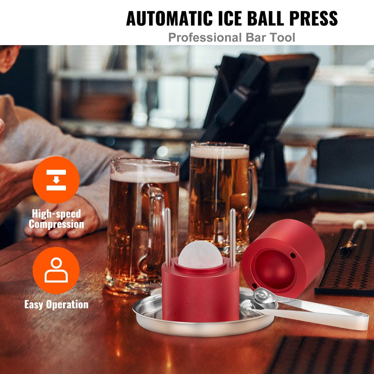 Ice Ball Press, 2.4" Ice Ball Maker, Aircraft Al Alloy Ice Ball Press Kit for 60mm Ice Sphere, Ice Press with Tong and Drip Tray, for Whiskey, Cocktail, Bourbon, Scot on Party & Holiday, Red