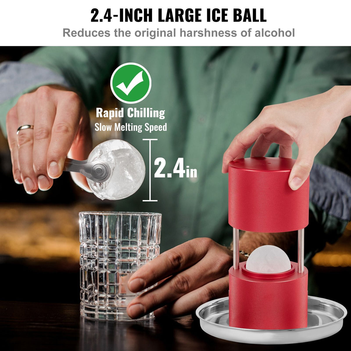 Ice Ball Press, 2.4" Ice Ball Maker, Aircraft Al Alloy Ice Ball Press Kit for 60mm Ice Sphere, Ice Press with Tong and Drip Tray, for Whiskey, Cocktail, Bourbon, Scot on Party & Holiday, Red