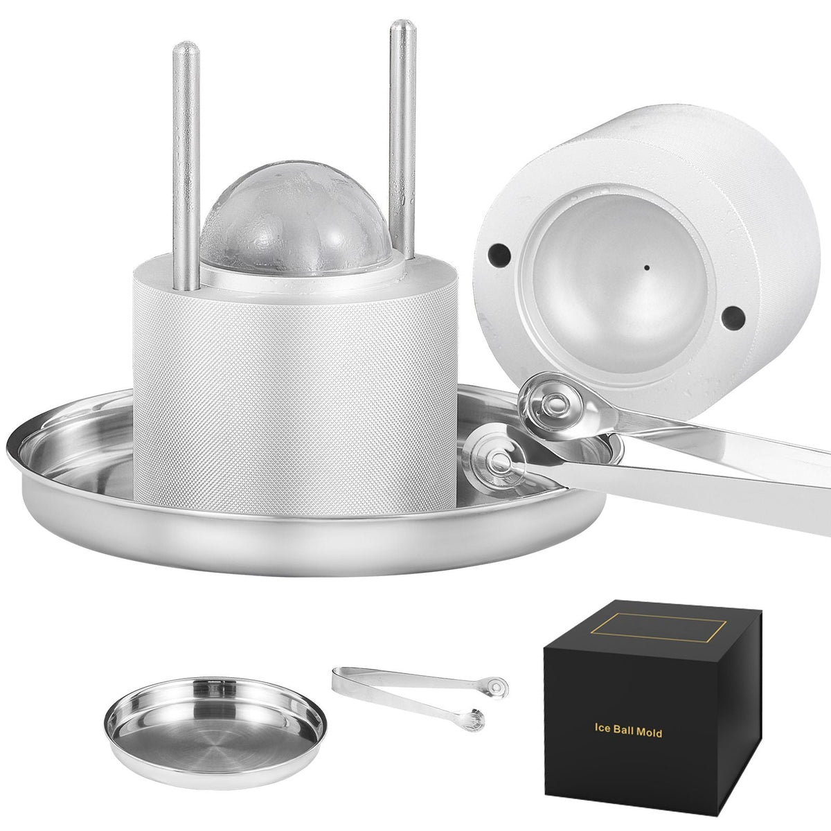 Ice Ball Press, 2.4" Ice Ball Maker, Aircraft Al Alloy Ice Ball Press Kit for 60mm Ice Sphere, Ice Press with Tong and Drip Tray, for Whiskey, Cocktail, Bourbon, Scot on Party & Holiday, Silver