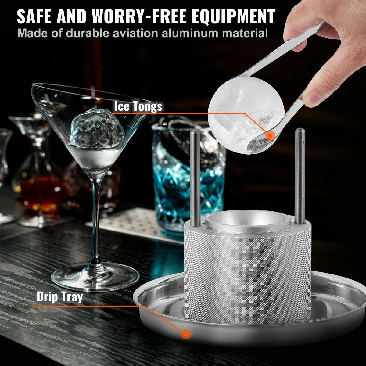 Ice Ball Press Kit, Aircraft Al Alloy Ice Press with Ice Block Mold, Large Mat, Tong, Drip Tray, One Glass, Round Ice Ball Maker 2.4"/60 mm Ice Sphere, for Whiskey, Cocktail on Party & Holiday
