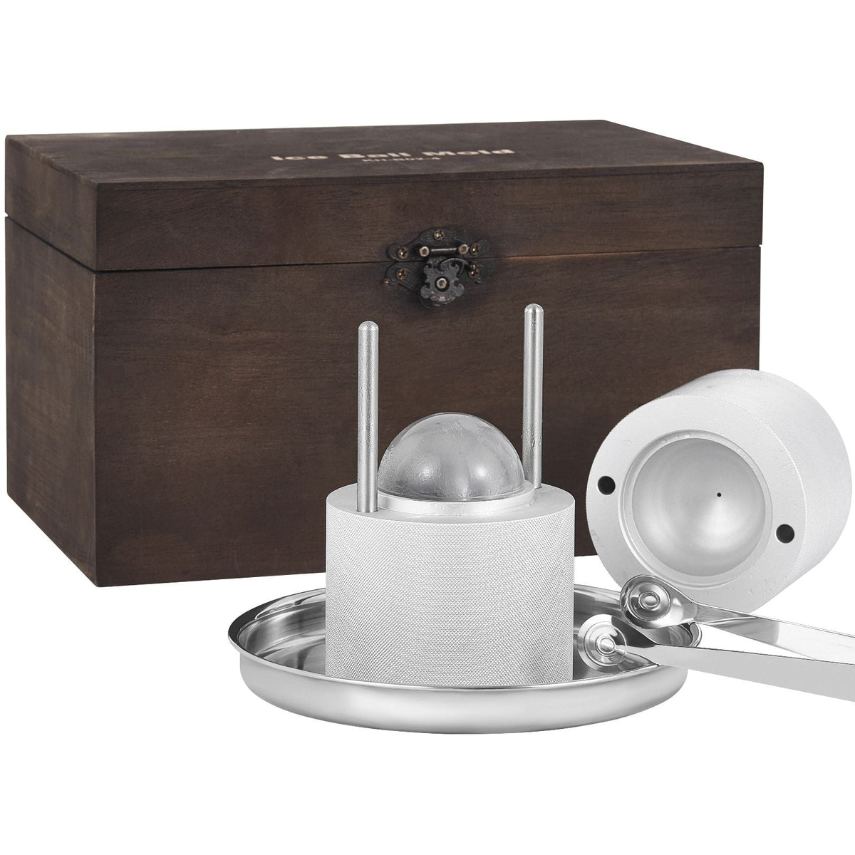 Ice Ball Press Kit, Aircraft Al Alloy Ice Press with Ice Block Mold, Large Mat, Tong, Drip Tray, One Glass, Round Ice Ball Maker 2.4"/60 mm Ice Sphere, for Whiskey, Cocktail on Party & Holiday