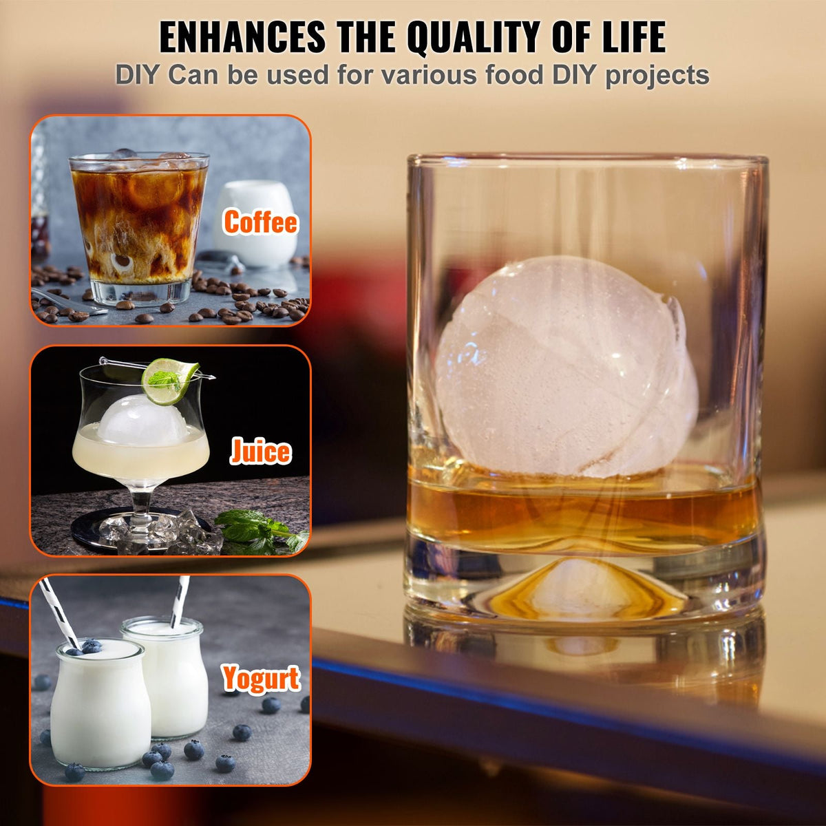 Ice Ball Press Kit, Aircraft Al Alloy Ice Press with Ice Block Mold, Large Mat, Tong, Drip Tray, One Glass, Round Ice Ball Maker 2.4"/60 mm Ice Sphere, for Whiskey, Cocktail on Party & Holiday