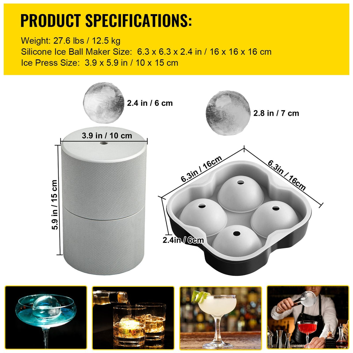 Ice Ball Press Kit, Anodized 7075 Aluminum, with Silicone Moulds, Large Mat, Stainless Steel Tong & Two Glasses, Double Size Crystal Clear Rounds for Whiskeys, Cocktails on Parties & Holidays
