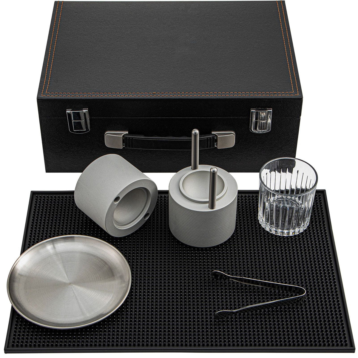 Ice Ball Press Kit, Anodized 7075 Aluminum, with Silicone Moulds, Large Mat, Stainless Steel Tong & Two Glasses, Double Size Crystal Clear Rounds for Whiskeys, Cocktails on Parties & Holidays