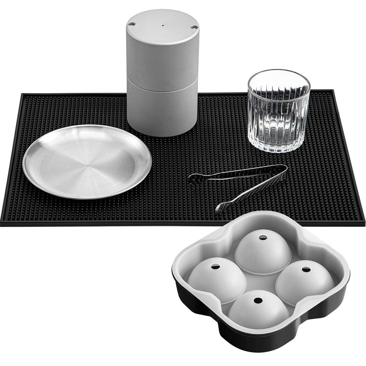Ice Ball Press Kit, Anodized 7075 Aluminum, with Silicone Moulds, Large Mat, Stainless Steel Tong & Two Glasses, Double Size Crystal Clear Rounds for Whiskeys, Cocktails on Parties & Holidays
