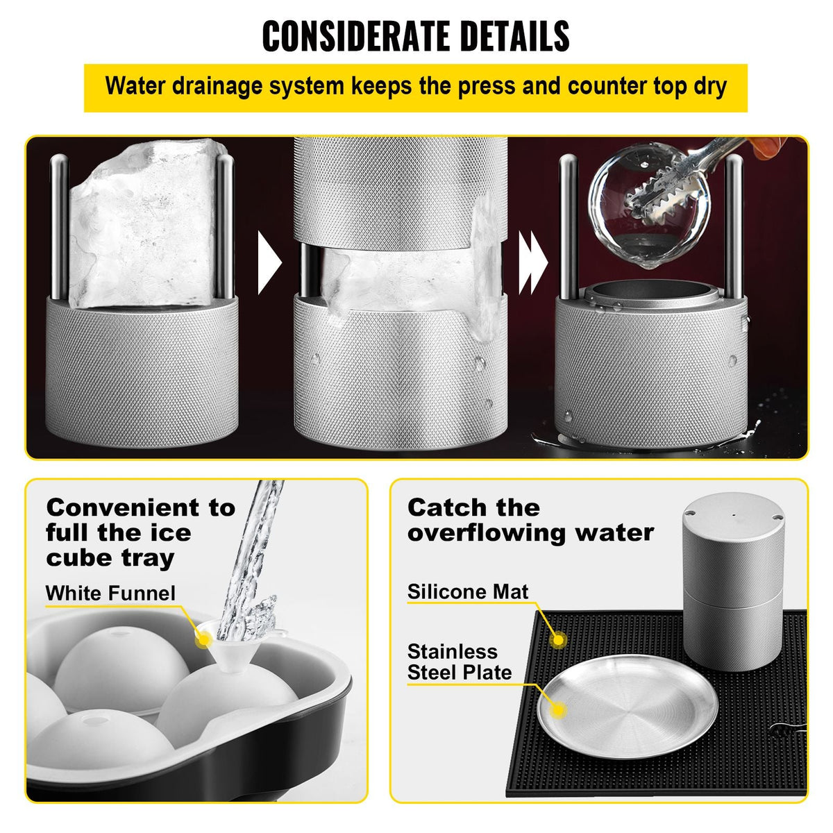 Ice Ball Press Kit, Anodized 7075 Aluminum, with Silicone Moulds, Large Mat, Stainless Steel Tong & Two Glasses, Double Size Crystal Clear Rounds for Whiskeys, Cocktails on Parties & Holidays