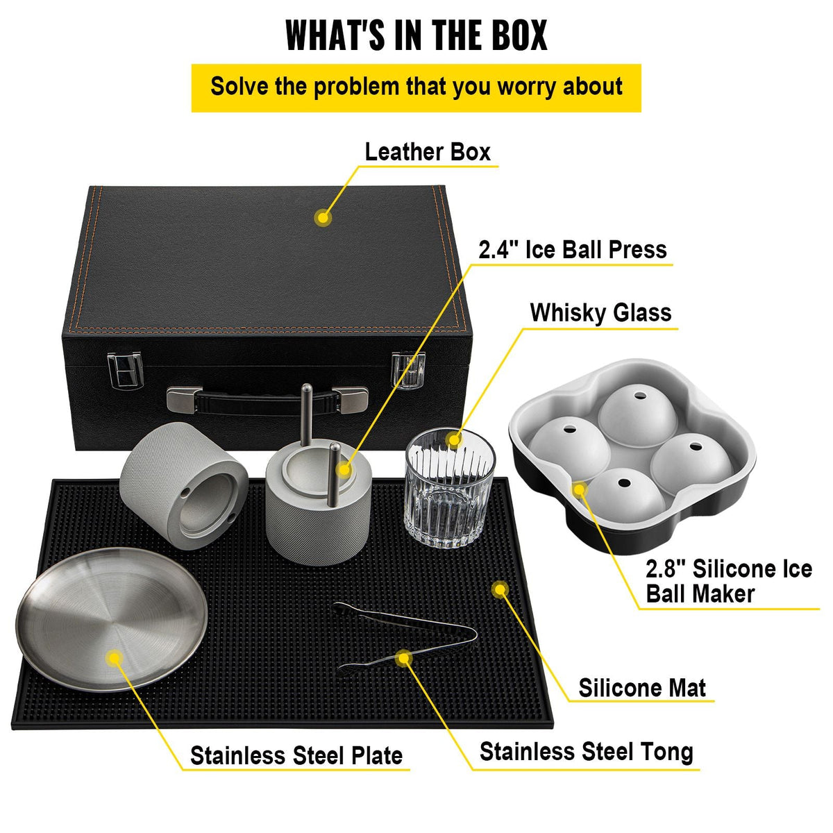 Ice Ball Press Kit, Anodized 7075 Aluminum, with Silicone Moulds, Large Mat, Stainless Steel Tong & Two Glasses, Double Size Crystal Clear Rounds for Whiskeys, Cocktails on Parties & Holidays