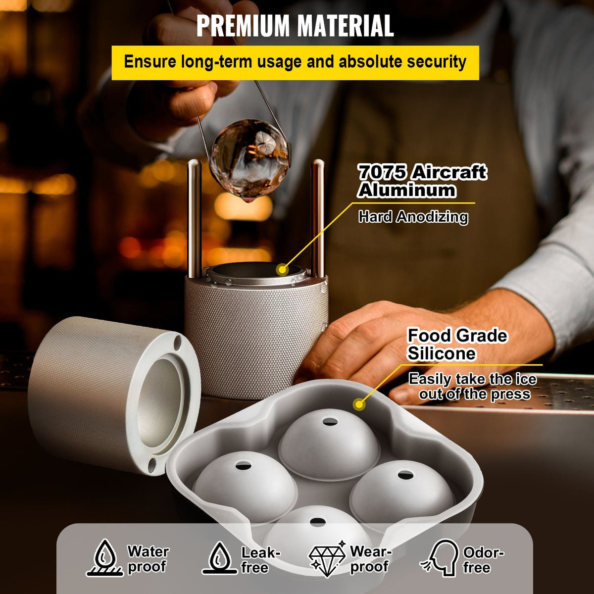 Ice Ball Press Kit, Anodized 7075 Aluminum, with Silicone Moulds, Large Mat, Stainless Steel Tong & Two Glasses, Double Size Crystal Clear Rounds for Whiskeys, Cocktails on Parties & Holidays