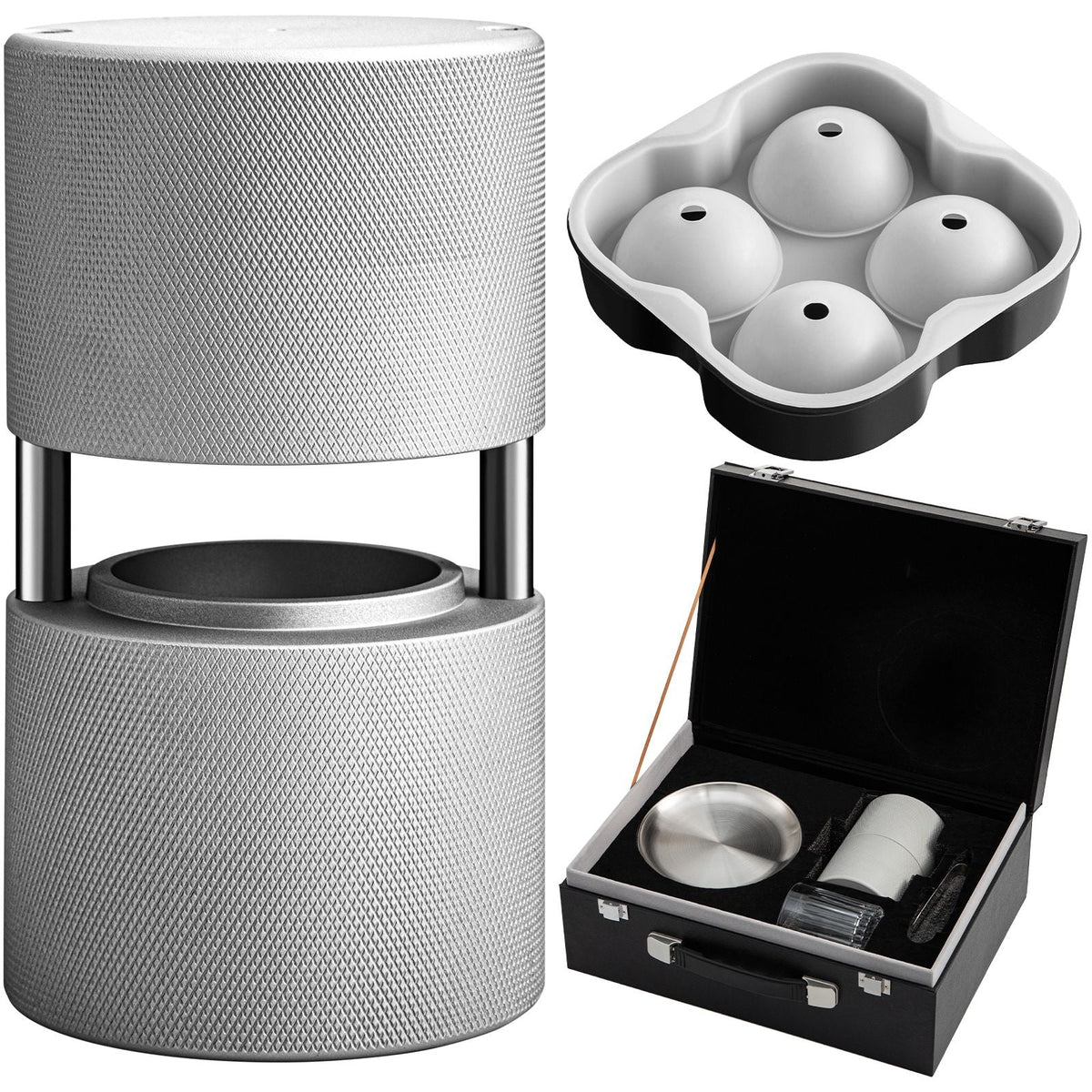 Ice Ball Press Kit, Anodized 7075 Aluminum, with Silicone Moulds, Large Mat, Stainless Steel Tong & Two Glasses, Double Size Crystal Clear Rounds for Whiskeys, Cocktails on Parties & Holidays