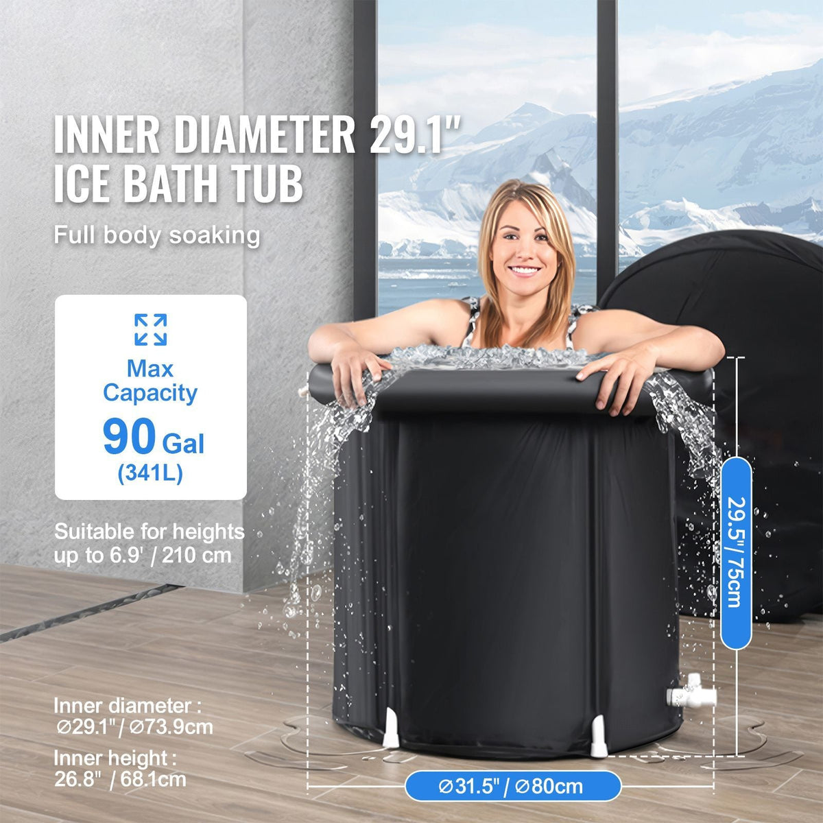 Ice Bath Tub, Cold Water Therapy Plunge Tub for Athletes, Portable Outdoor Ice Barrel Plunge Pool for Recovery, 90 Gal Inflatable Folding Bathtub with Cover, Home Ice Pod for Adult, 32"Lx30"H