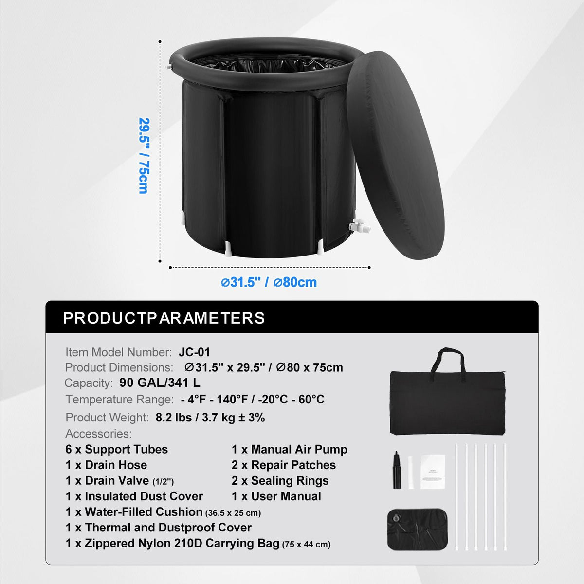 Ice Bath Tub, Cold Water Therapy Plunge Tub for Athletes, Portable Outdoor Ice Barrel Plunge Pool for Recovery, 90 Gal Inflatable Folding Bathtub with Cover, Home Ice Pod for Adult, 32"Lx30"H