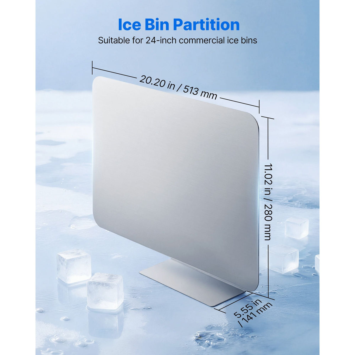 Ice Bin Partition, 20.2 x 5.55 Inch, Stainless Steel Divider for 24 Inch Bar Ice Bins, Stable Bottom Support & Easy to Clean, Food Grade 304 Stainless Steel for Kitchen, Bar, Restaurant, Pub
