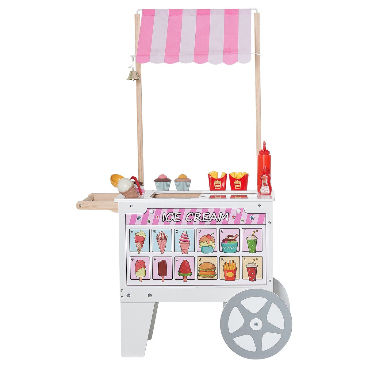Ice Cream Cart for Kids, 20+ PCS Accessories, Pretend Play Ice Cream Shop Kitchen Food Toys with Ice Cream Cone & Popsicle, Awning & Freezer, Storage Drawers & Flipping Menus, For Kids Aged 3-7