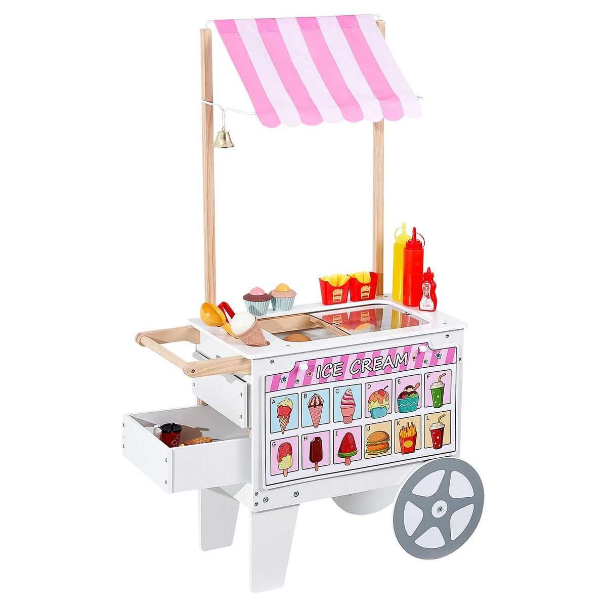 Ice Cream Cart for Kids, 20+ PCS Accessories, Pretend Play Ice Cream Shop Kitchen Food Toys with Ice Cream Cone & Popsicle, Awning & Freezer, Storage Drawers & Flipping Menus, For Kids Aged 3-7
