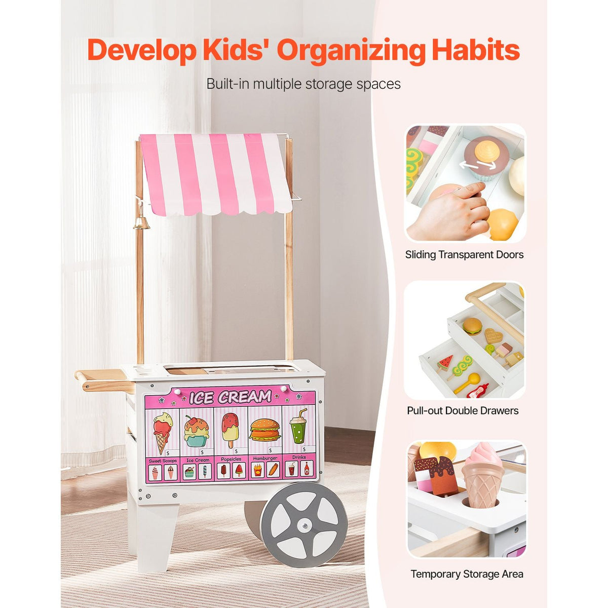 Ice Cream Cart for Kids, 20+ PCS Accessories, Pretend Play Ice Cream Shop Kitchen Food Toys with Ice Cream Cone & Popsicle, Awning & Freezer, Storage Drawers & Flipping Menus, For Kids Aged 3-7