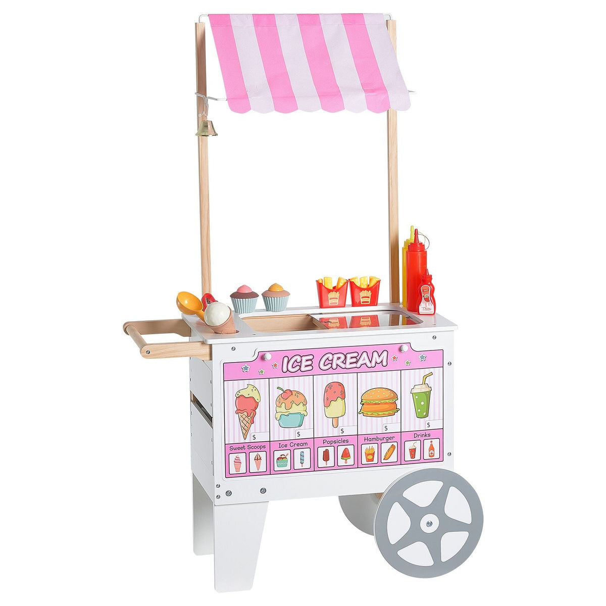 Ice Cream Cart for Kids, 20+ PCS Accessories, Pretend Play Ice Cream Shop Kitchen Food Toys with Ice Cream Cone & Popsicle, Awning & Freezer, Storage Drawers & Flipping Menus, For Kids Aged 3-7