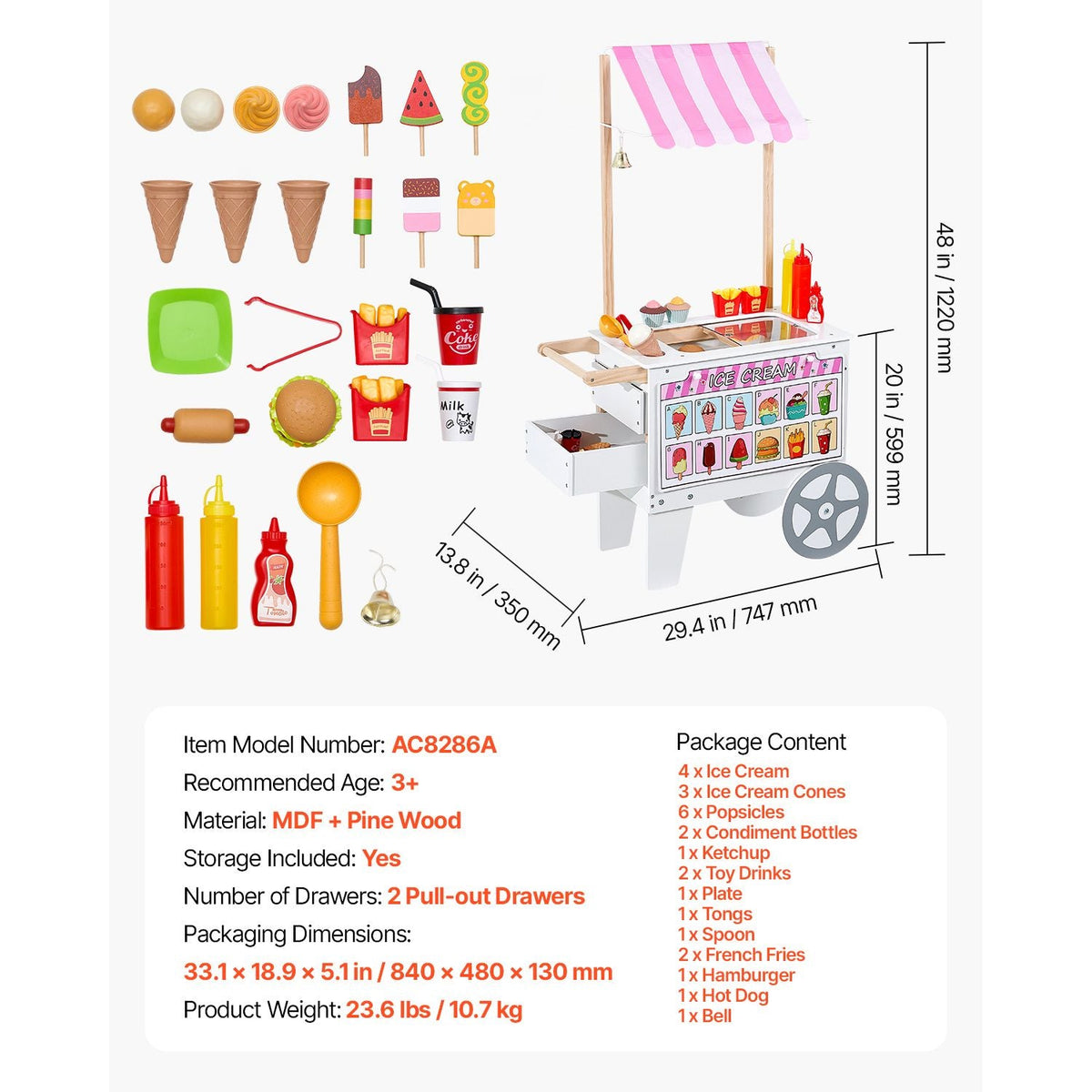 Ice Cream Cart for Kids, 20+ PCS Accessories, Pretend Play Ice Cream Shop Kitchen Food Toys with Ice Cream Cone & Popsicle, Awning & Freezer, Storage Drawers & Flipping Menus, For Kids Aged 3-7