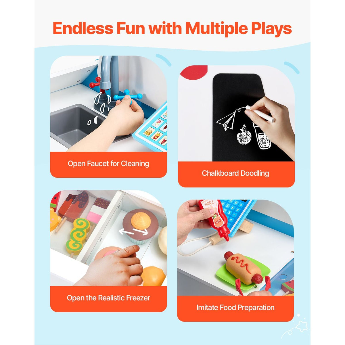 Ice Cream Cart for Kids, 20+ PCS Ice Cream Truck Wooden Playset, Pretend Play Stand with Steering Wheel & Chalkboard, Payment Scanner & Freezer, Faucet & Sink, Suitable for Kids 3-7 Years Old