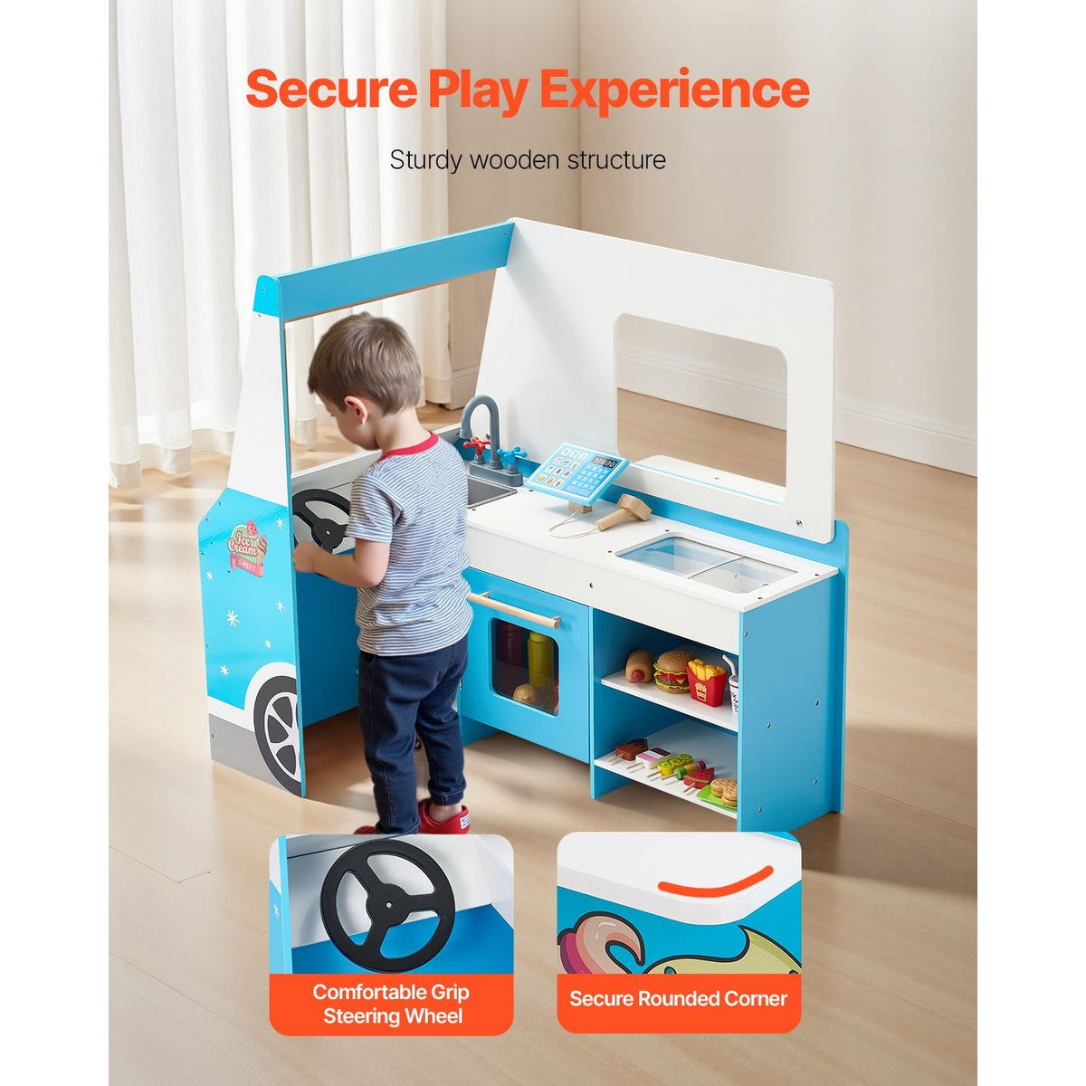 Ice Cream Cart for Kids, 20+ PCS Ice Cream Truck Wooden Playset, Pretend Play Stand with Steering Wheel & Chalkboard, Payment Scanner & Freezer, Faucet & Sink, Suitable for Kids 3-7 Years Old