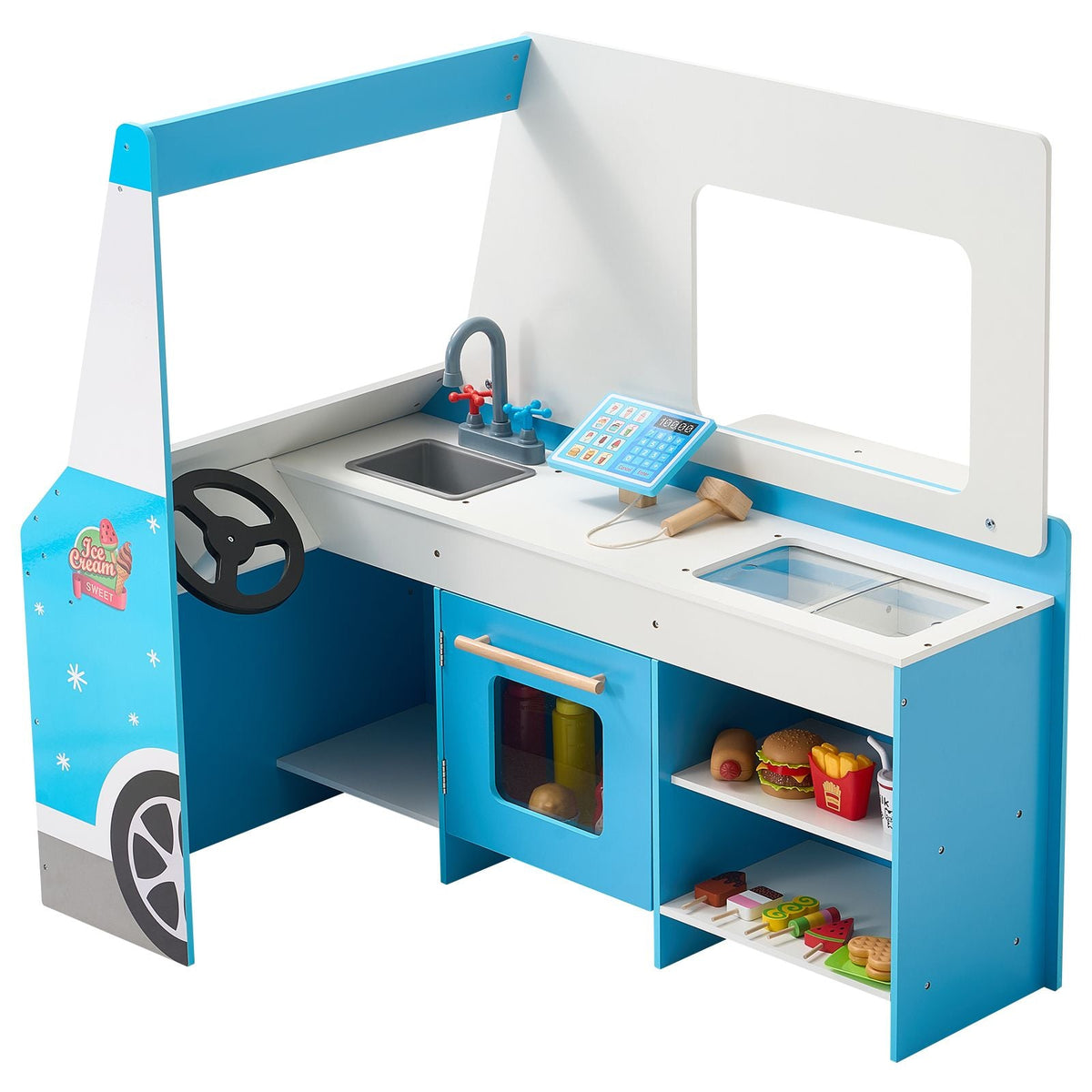 Ice Cream Cart for Kids, 20+ PCS Ice Cream Truck Wooden Playset, Pretend Play Stand with Steering Wheel & Chalkboard, Payment Scanner & Freezer, Faucet & Sink, Suitable for Kids 3-7 Years Old