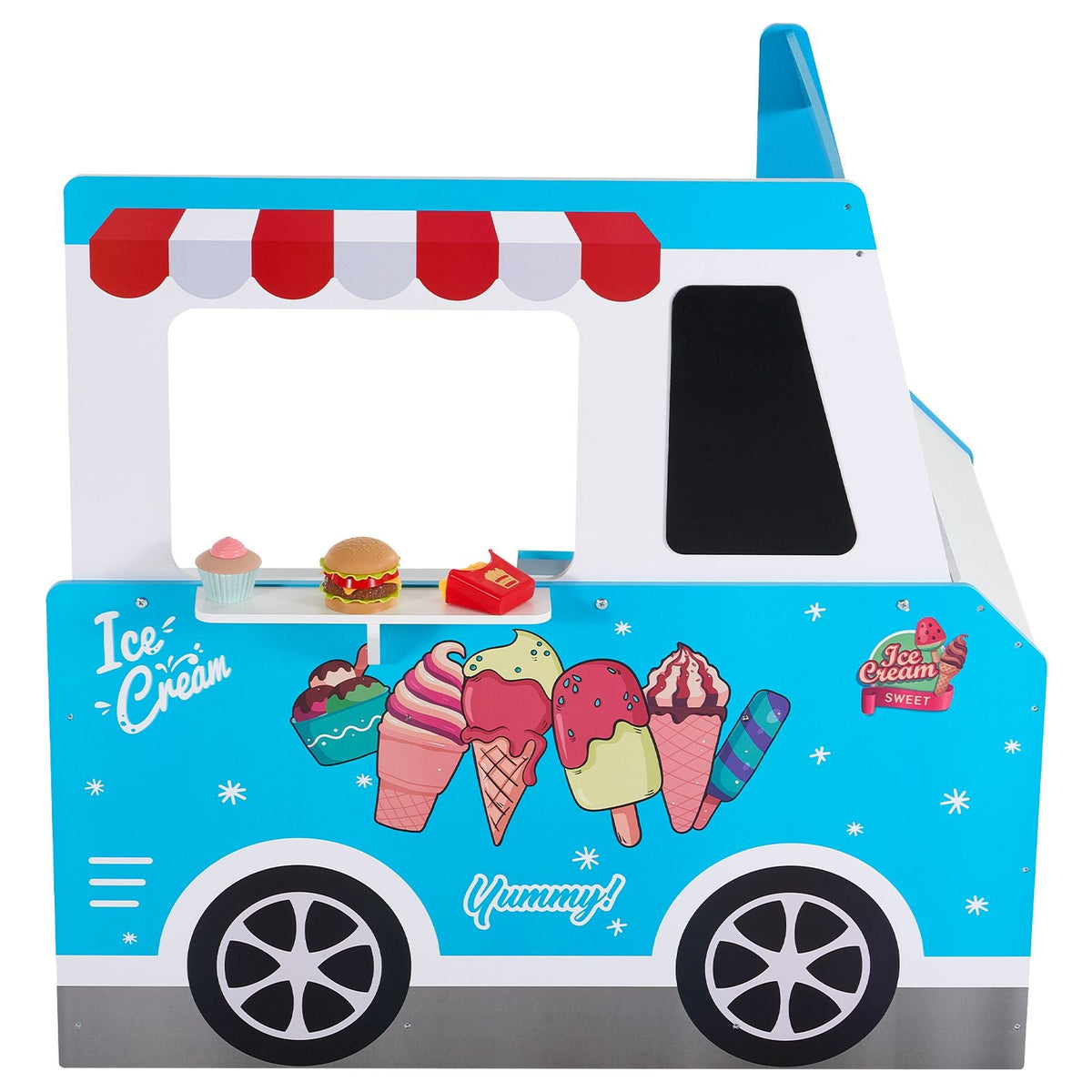 Ice Cream Cart for Kids, 20+ PCS Ice Cream Truck Wooden Playset, Pretend Play Stand with Steering Wheel & Chalkboard, Payment Scanner & Freezer, Faucet & Sink, Suitable for Kids 3-7 Years Old