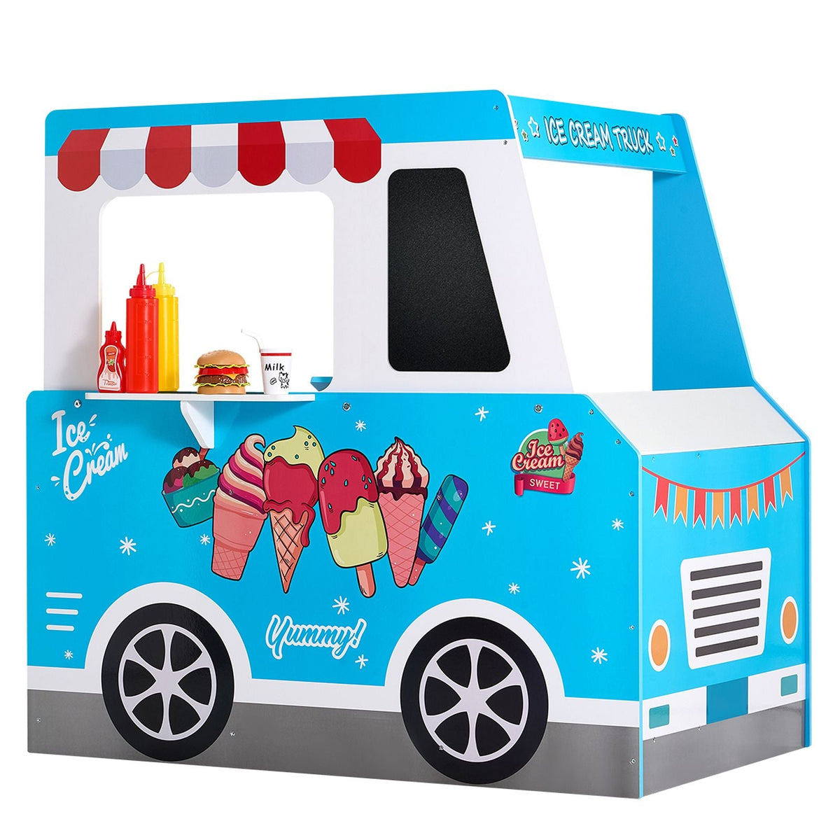 Ice Cream Cart for Kids, 20+ PCS Ice Cream Truck Wooden Playset, Pretend Play Stand with Steering Wheel & Chalkboard, Payment Scanner & Freezer, Faucet & Sink, Suitable for Kids 3-7 Years Old