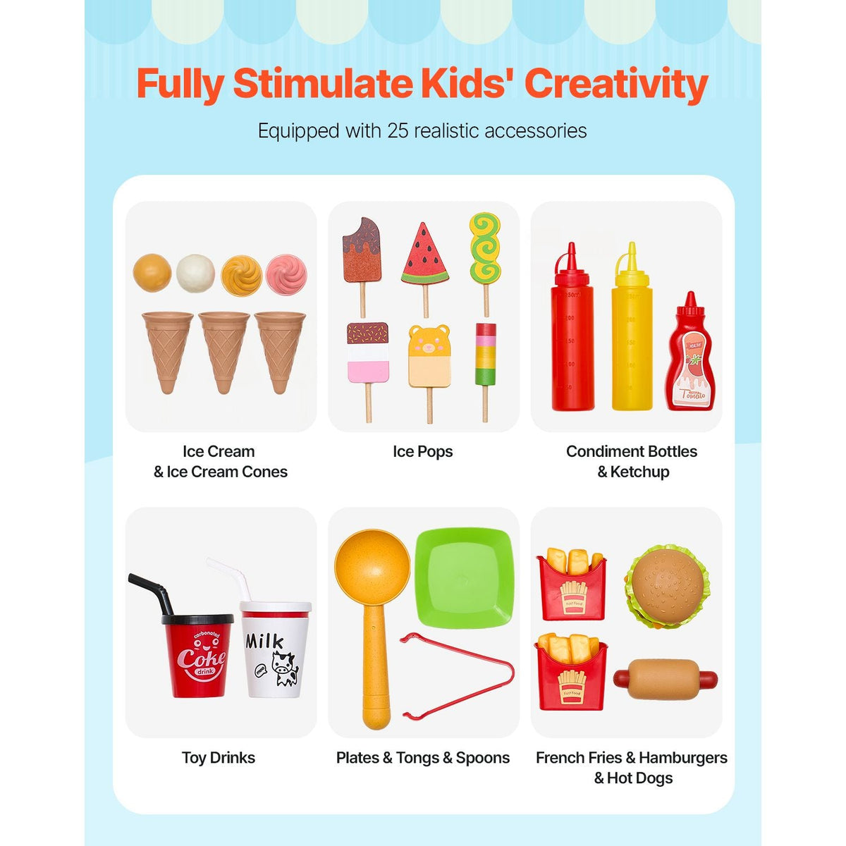 Ice Cream Cart for Kids, 20+ PCS Ice Cream Truck Wooden Playset, Pretend Play Stand with Steering Wheel & Chalkboard, Payment Scanner & Freezer, Faucet & Sink, Suitable for Kids 3-7 Years Old