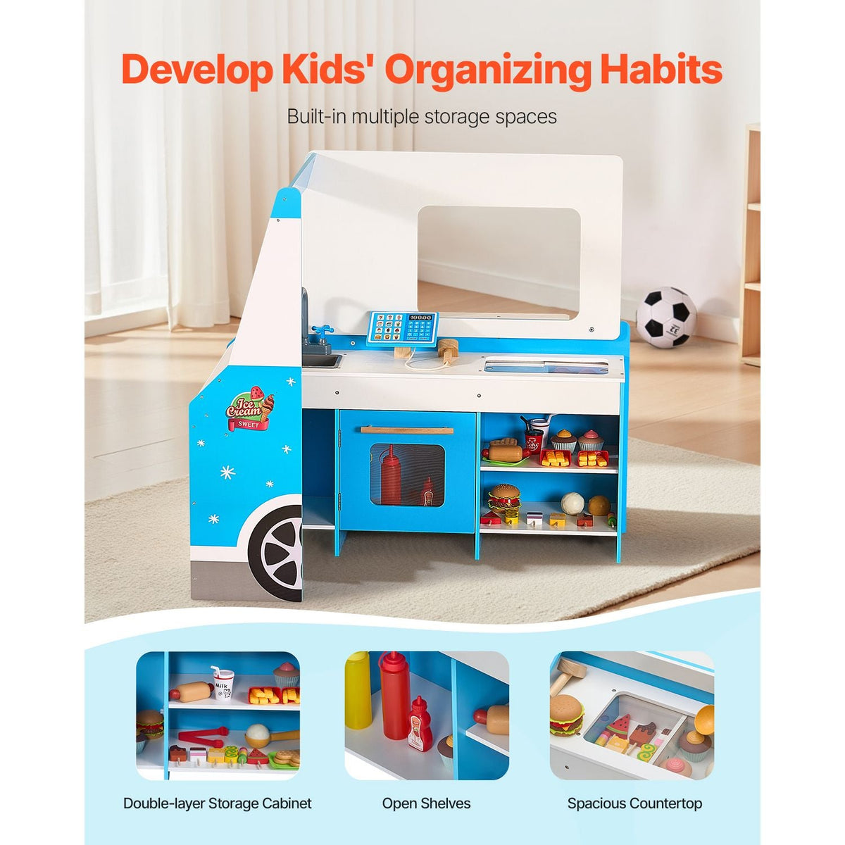 Ice Cream Cart for Kids, 20+ PCS Ice Cream Truck Wooden Playset, Pretend Play Stand with Steering Wheel & Chalkboard, Payment Scanner & Freezer, Faucet & Sink, Suitable for Kids 3-7 Years Old