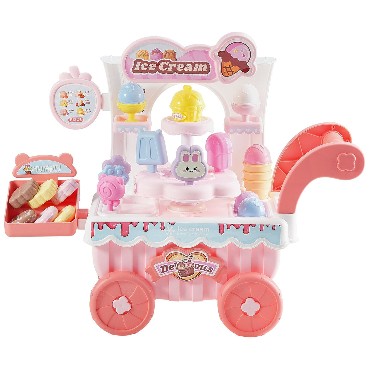 Ice Cream Cart for Kids, 27 PCS Accessories, Pretend Play Store with Storage Trolley with Pretend Money, Sound & Light Effects, Montessori Educational Ice Cream Truck Toys for Toddlers 3+ (Pink)