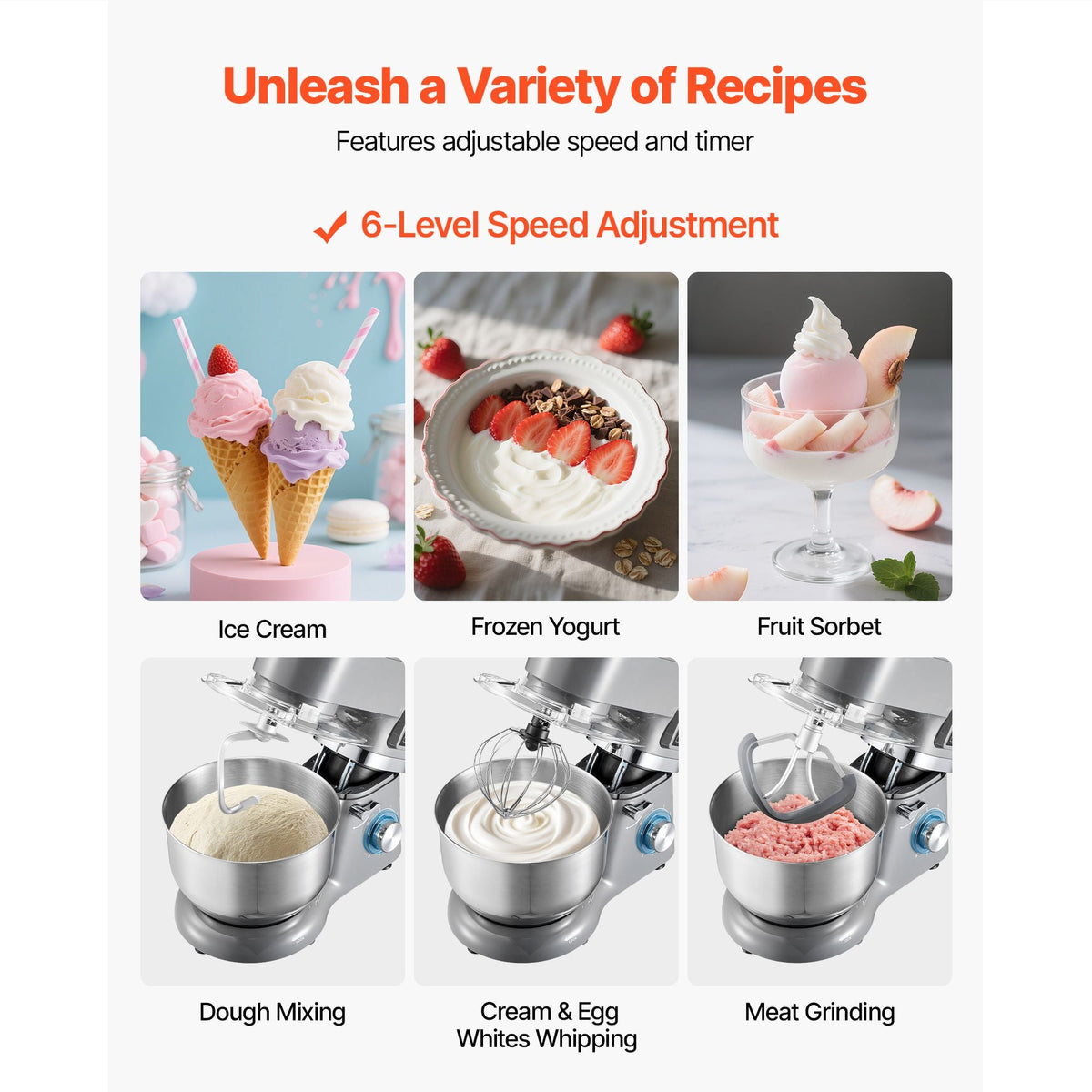 Ice Cream Maker, 1.8 Qt. Capacity, 6-Speed Electric Stand Mixer, with LED Digital Display & Timer, Mixing Paddle, Dough Hook, Splash Guard, for Homemade Frozen Yogurt Fruit Sorbet Gelato, Grey
