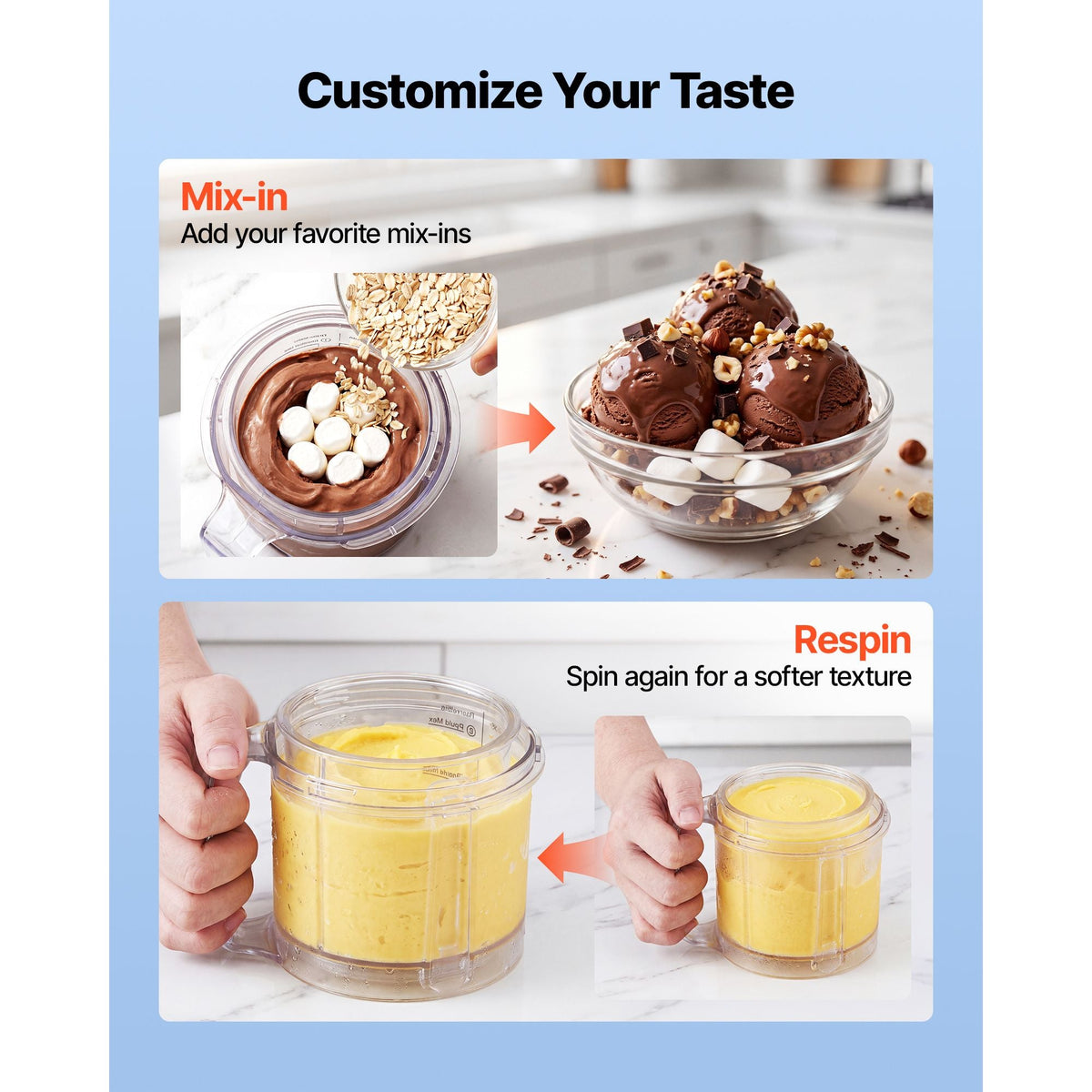 Ice Cream Maker, 7-in-1 Frozen Treat Maker for Gelato, Sorbet, Milkshake, Frozen Yogurt & Lite Ice Cream, Homemade Ice-Cream Machine with One-Touch Mix-in + Respin for Smooth, Creamy Texture