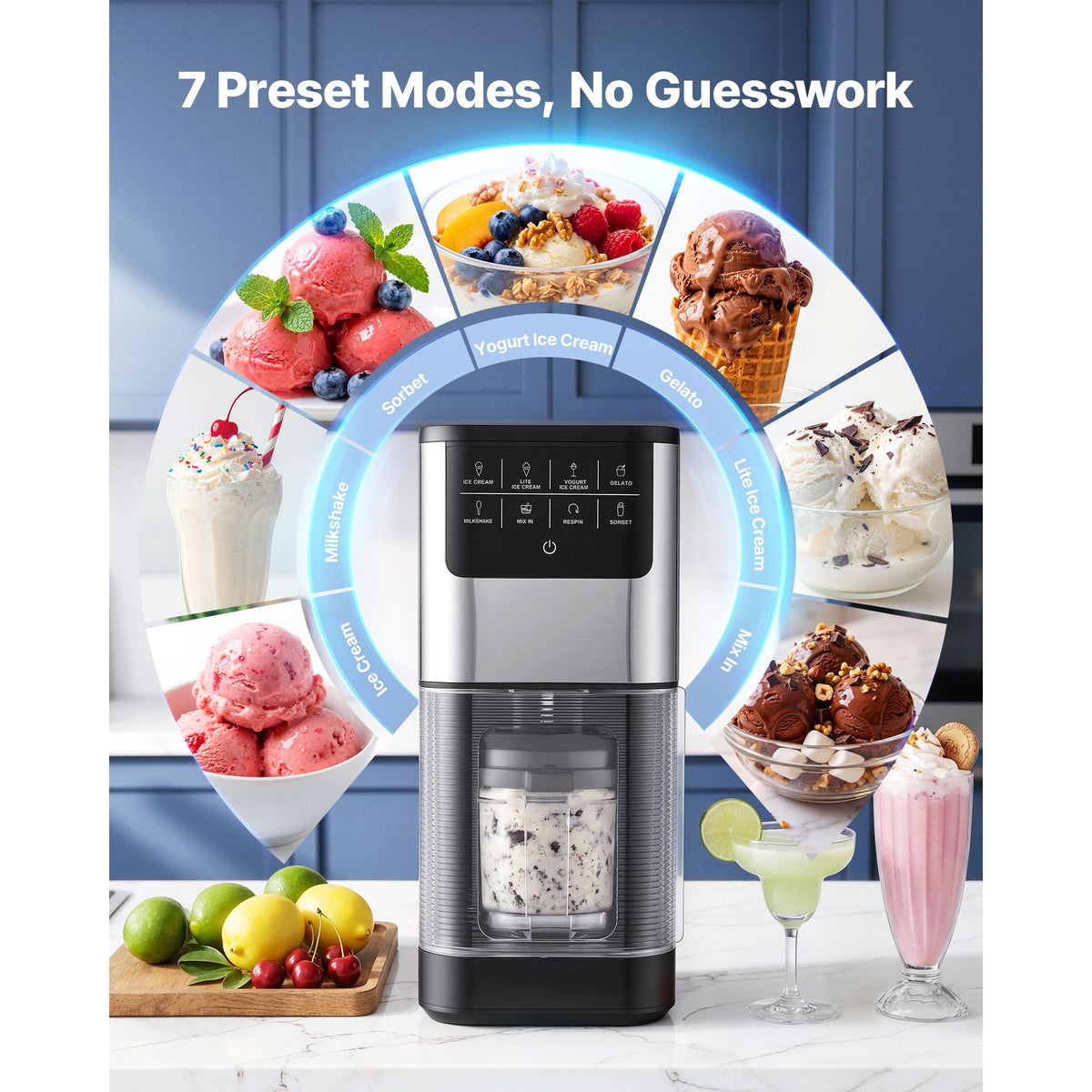 Ice Cream Maker, 7-in-1 Frozen Treat Maker for Gelato, Sorbet, Milkshake, Frozen Yogurt & Lite Ice Cream, Homemade Ice-Cream Machine with One-Touch Mix-in + Respin for Smooth, Creamy Texture