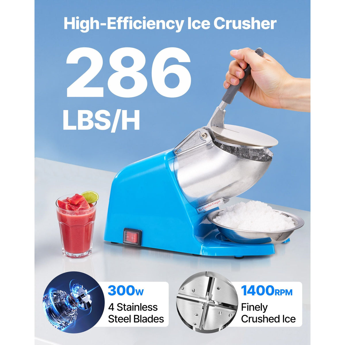Ice Crusher Machine, 286lbs Per Hour Electric 4 Blades Snow Cone Maker, Stainless Steel Shaved Ice Machine with Bowl and Cover, 300W 2000RPM Ice-Shaver for Home and Commercial Use, Blue