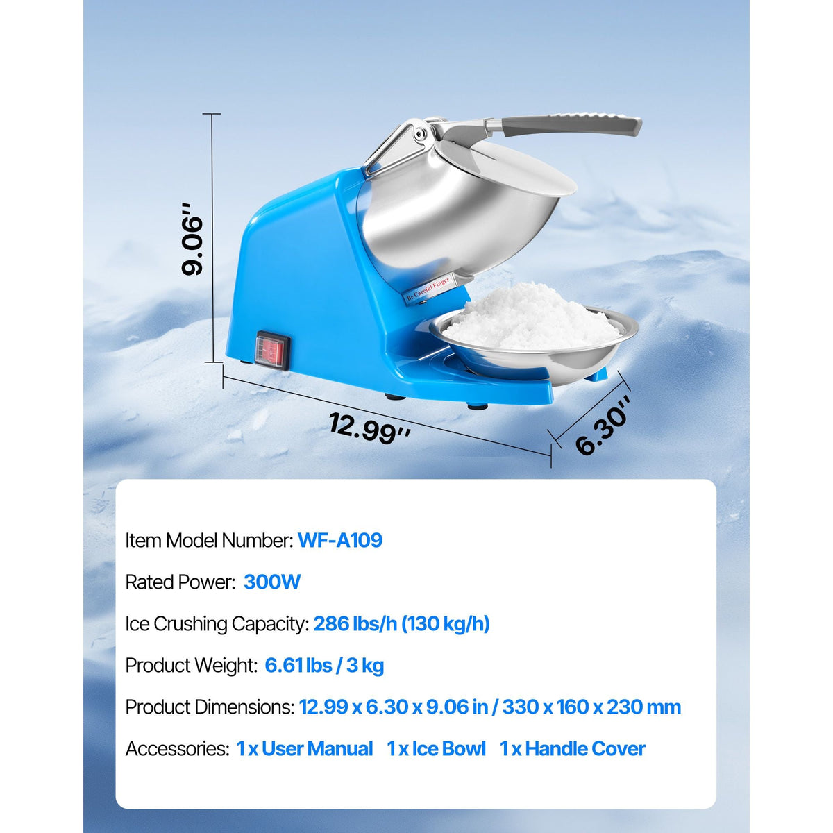 Ice Crusher Machine, 286lbs Per Hour Electric 4 Blades Snow Cone Maker, Stainless Steel Shaved Ice Machine with Bowl and Cover, 300W 2000RPM Ice-Shaver for Home and Commercial Use, Blue