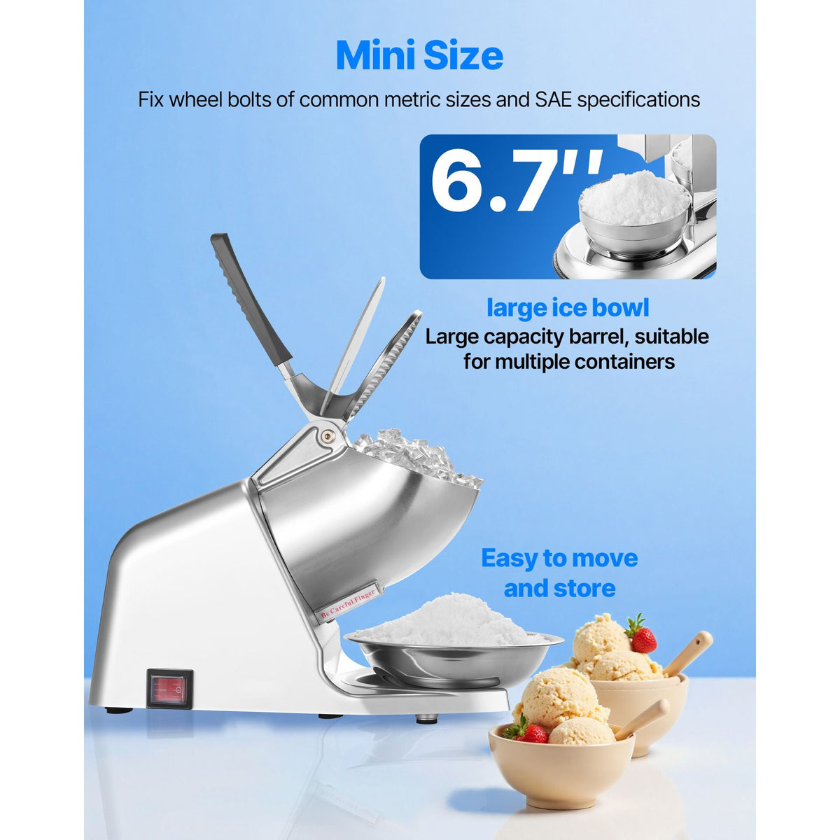 Ice Crusher Machine, 286lbs Per Hour Electric 4 Blades Snow Cone Maker, Stainless Steel Shaved Ice Machine with Bowl and Cover, 300W 2000RPM Ice-Shaver for Home and Commercial Use, Silver