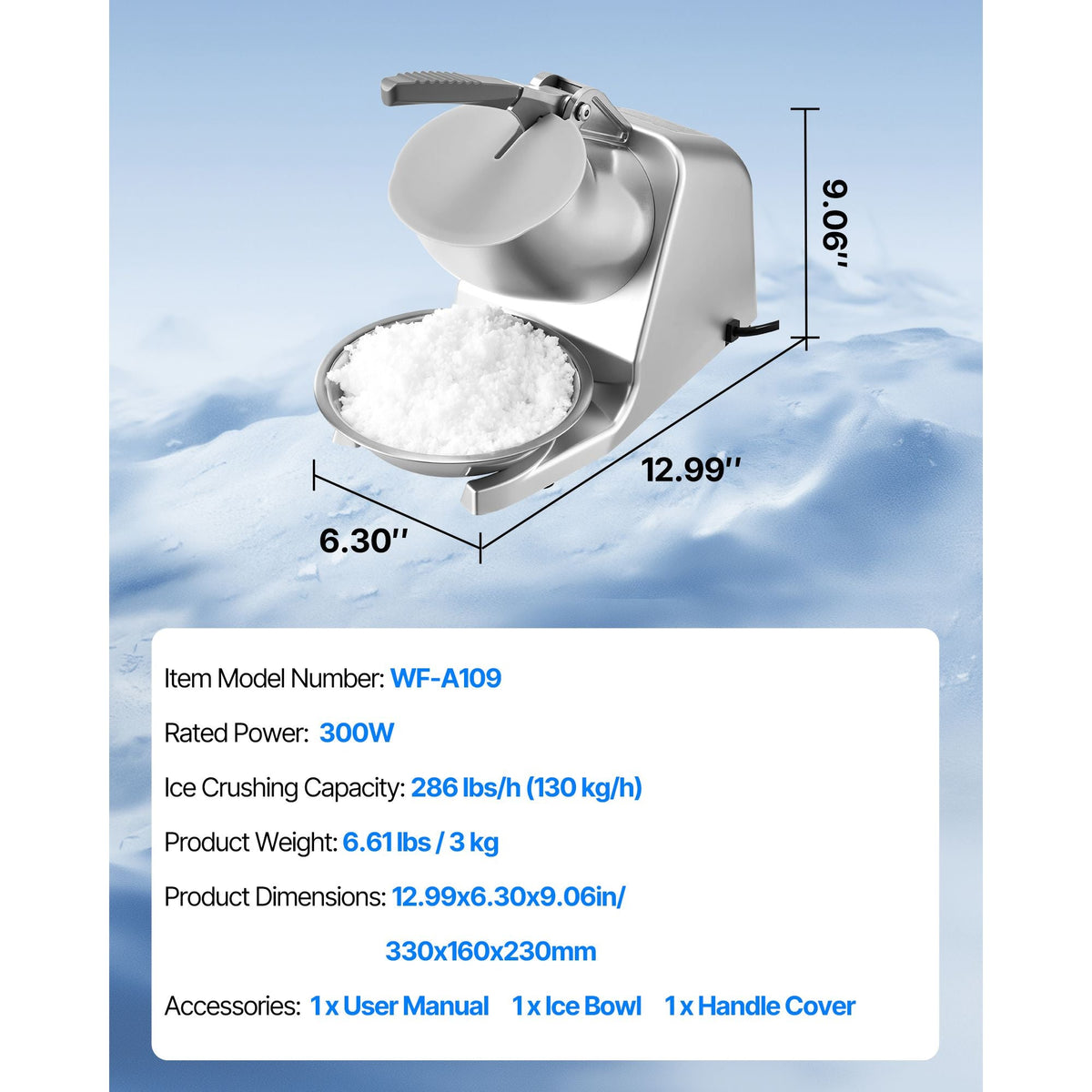 Ice Crusher Machine, 286lbs Per Hour Electric 4 Blades Snow Cone Maker, Stainless Steel Shaved Ice Machine with Bowl and Cover, 300W 2000RPM Ice-Shaver for Home and Commercial Use, Silver