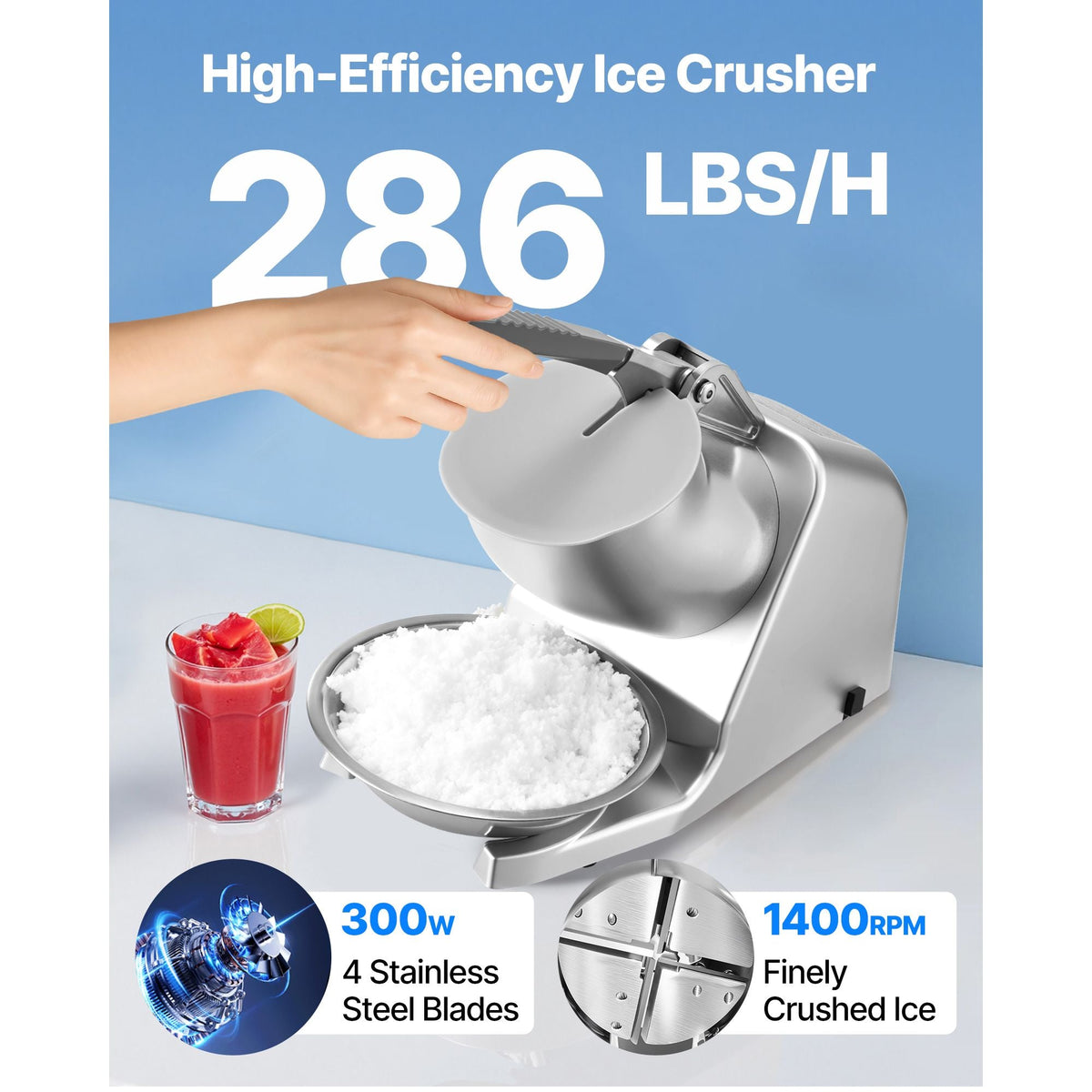 Ice Crusher Machine, 286lbs Per Hour Electric 4 Blades Snow Cone Maker, Stainless Steel Shaved Ice Machine with Bowl and Cover, 300W 2000RPM Ice-Shaver for Home and Commercial Use, Silver