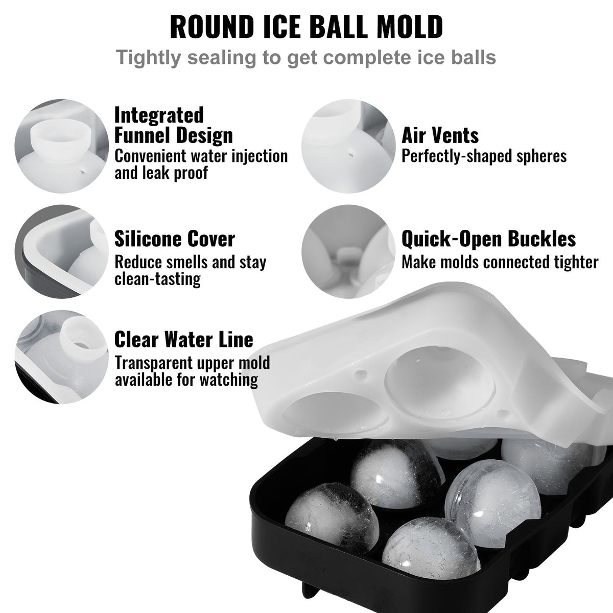 Ice Cube Trays (Set of 2), 2-in-1 Combo with Silicone Sphere Ice Ball Maker & Large Square Ice Cube Maker with Lid, Reusable Easy Release BPA Free Ice Tray Set for Whiskey Cocktails Bourbon