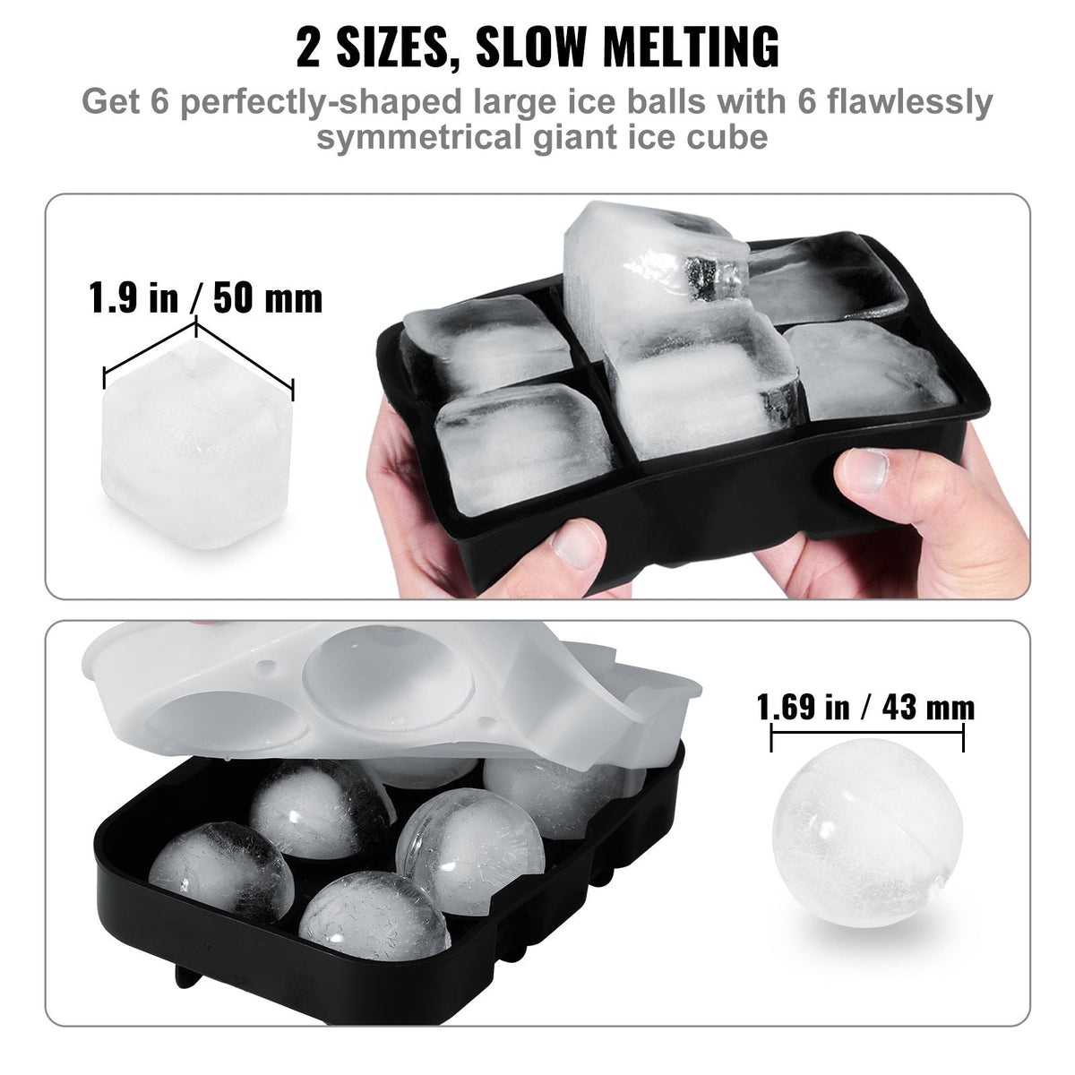 Ice Cube Trays (Set of 2), 2-in-1 Combo with Silicone Sphere Ice Ball Maker & Large Square Ice Cube Maker with Lid, Reusable Easy Release BPA Free Ice Tray Set for Whiskey Cocktails Bourbon