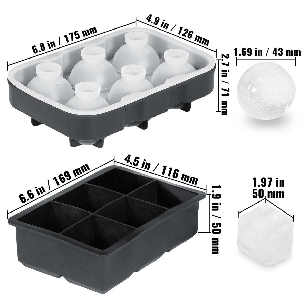 Ice Cube Trays (Set of 2), 2-in-1 Combo with Silicone Sphere Ice Ball Maker & Large Square Ice Cube Maker with Lid, Reusable Easy Release BPA Free Ice Tray Set for Whiskey Cocktails Bourbon